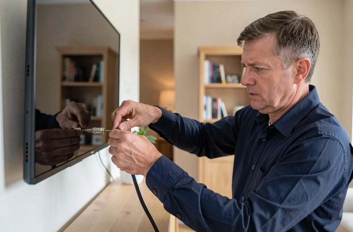 Technicien connectant un câble coaxial à l'arrière d'un téléviseur 4K dans un salon moderne