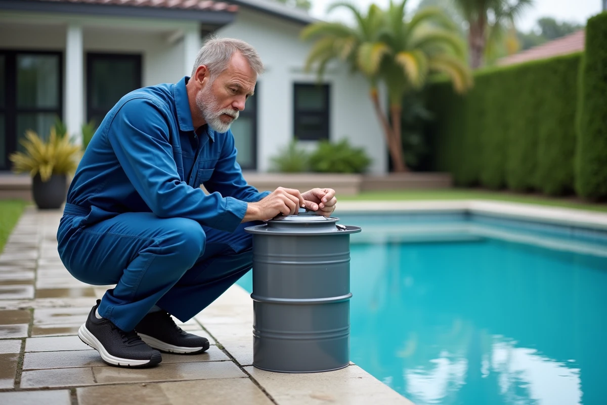 Technicien piscine en bleu examine un tonneau de pluie