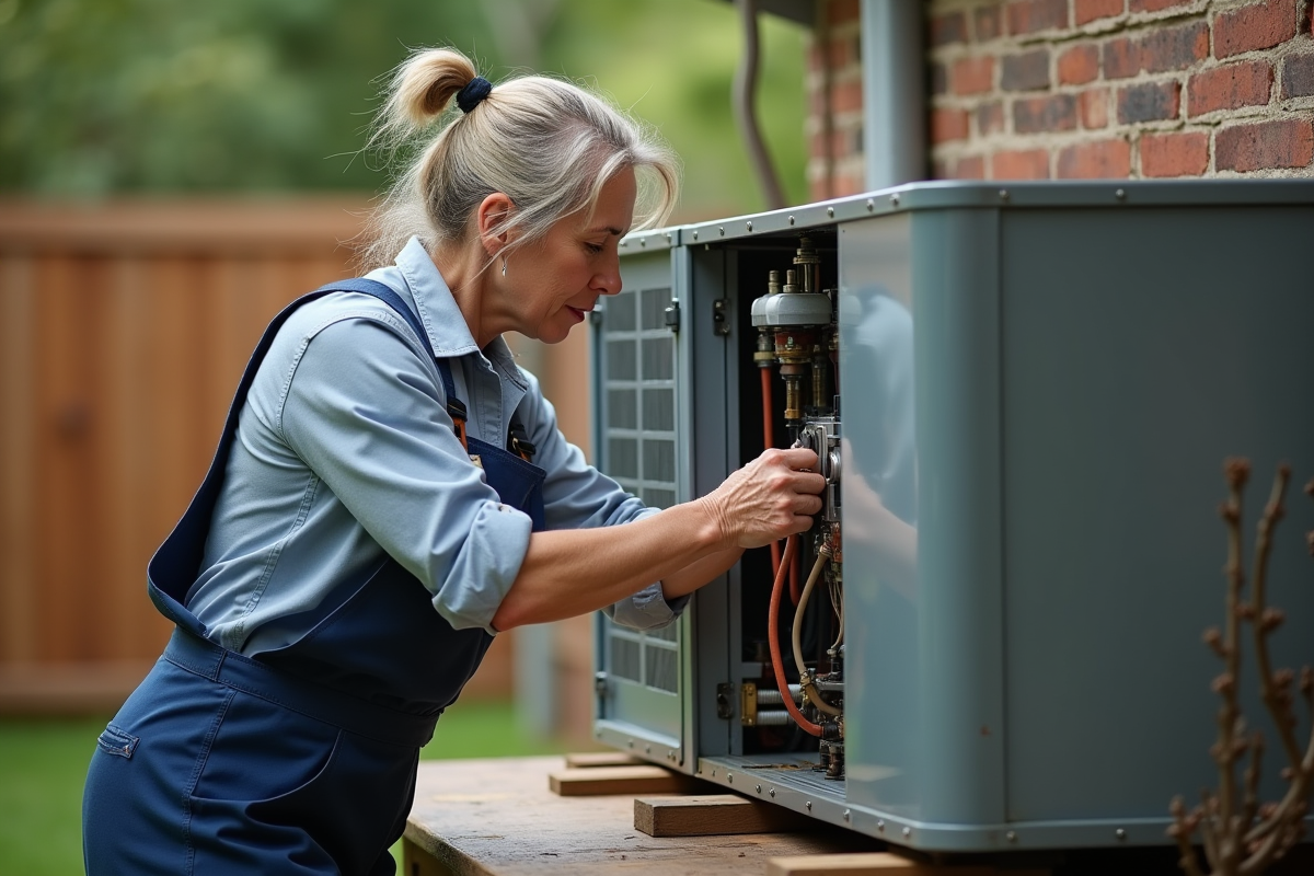 Technicienne inspectant une pompe de piscine en atelier
