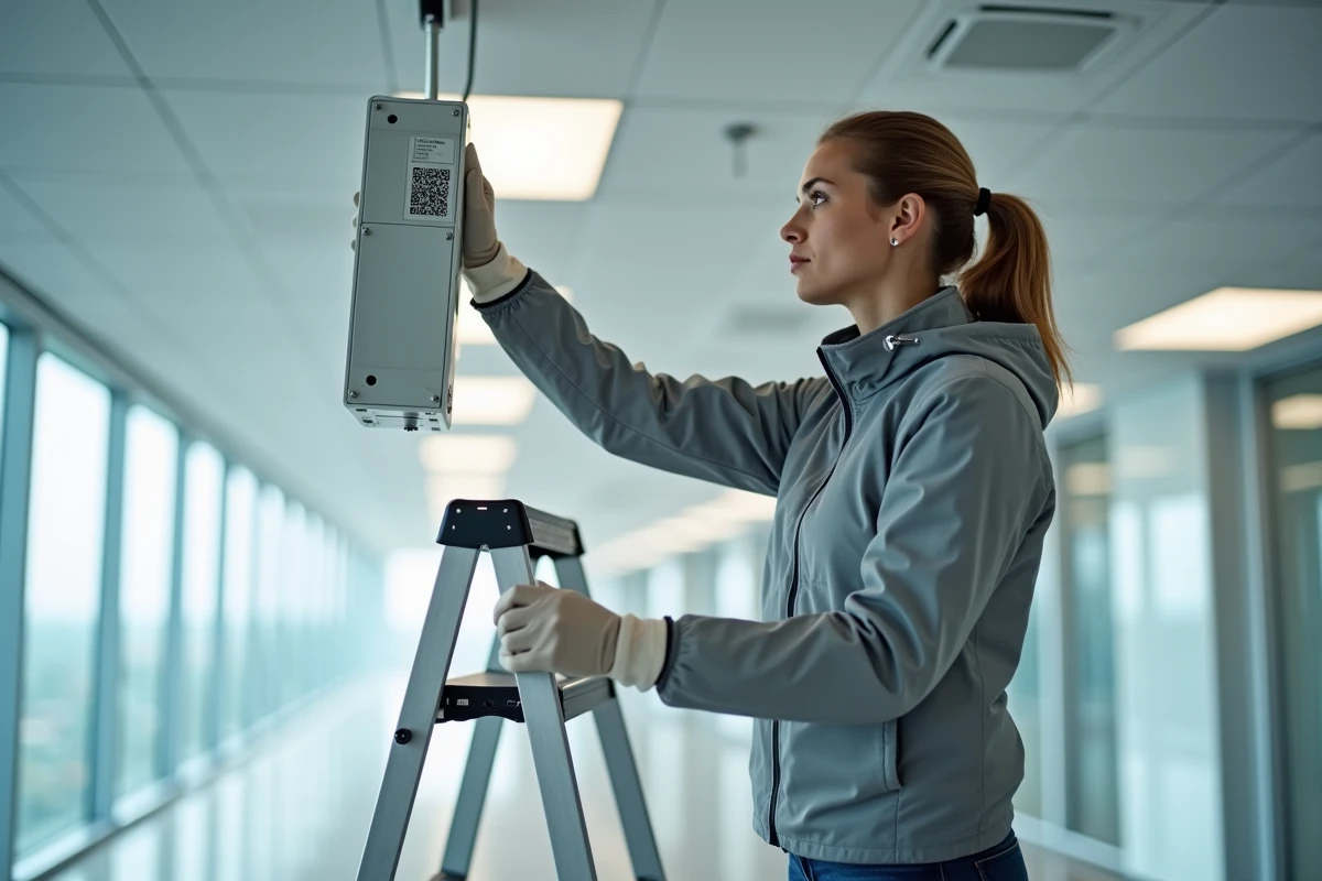 Technicienne remplaçant un bloc BAES au plafond d'un couloir de bureau moderne lors d'un changement de bloc