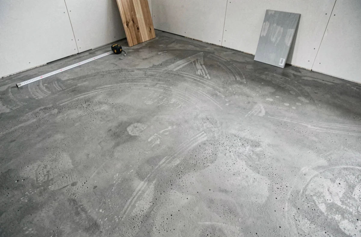 Gros plan sur la texture d'un sol en béton brut poli prêt à recevoir une décoration dans un appartement moderne