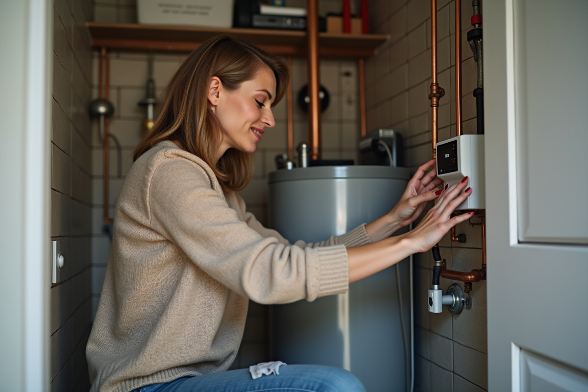 Femme ajustant un thermostat d'eau chaude dans une buanderie