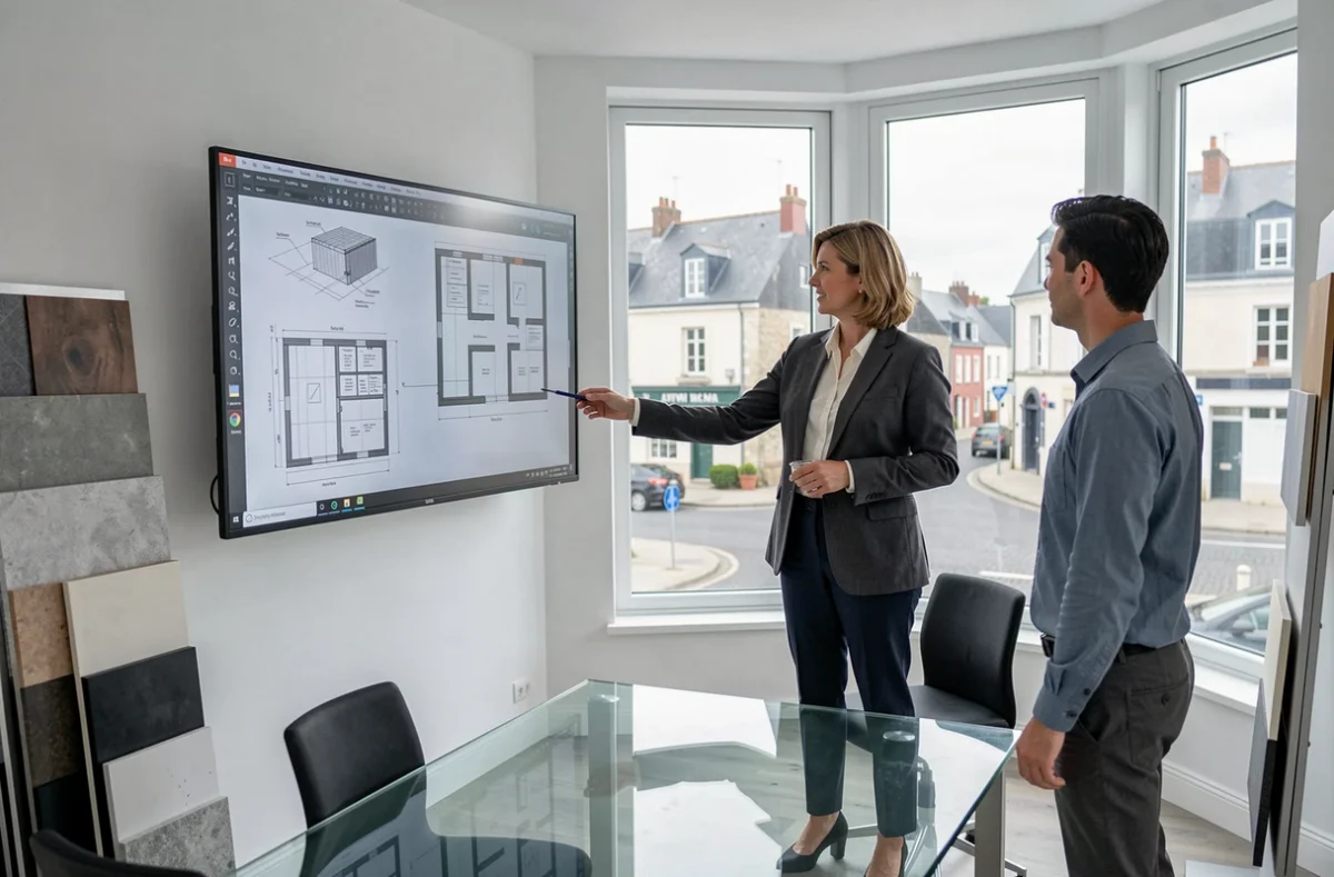 Consultante de VA Concept présentant des plans de rénovation de fenêtres à des clients dans un showroom moderne en Finistère