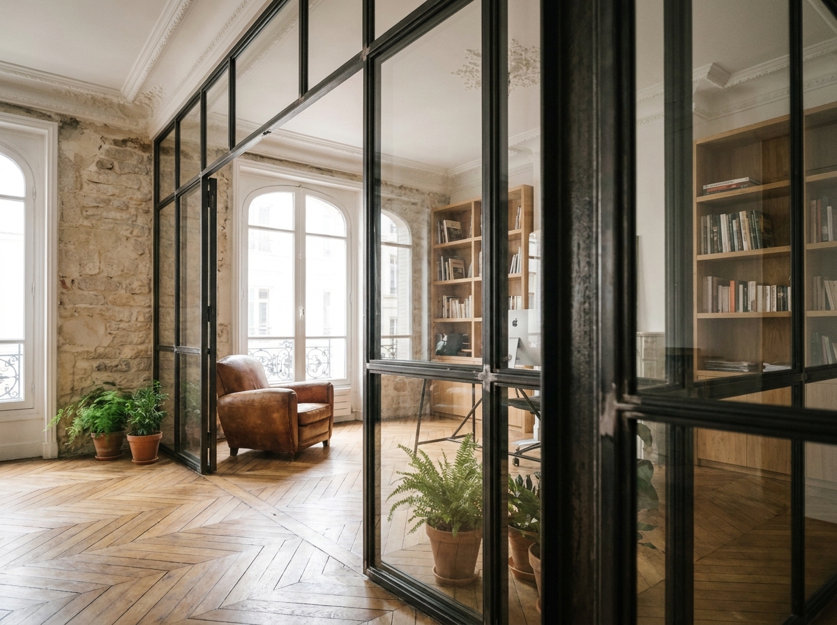 Verrière industrielle en acier noir séparant un salon et un bureau dans un appartement haussmannien rénové avec parquet ancien