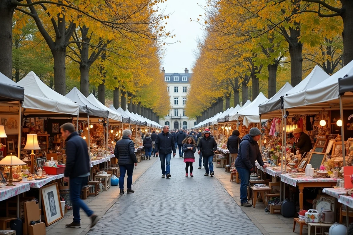 Vue panoramique d'un vide-grenier animé en plein air dans une commune du 92, avec familles et étals de brocante