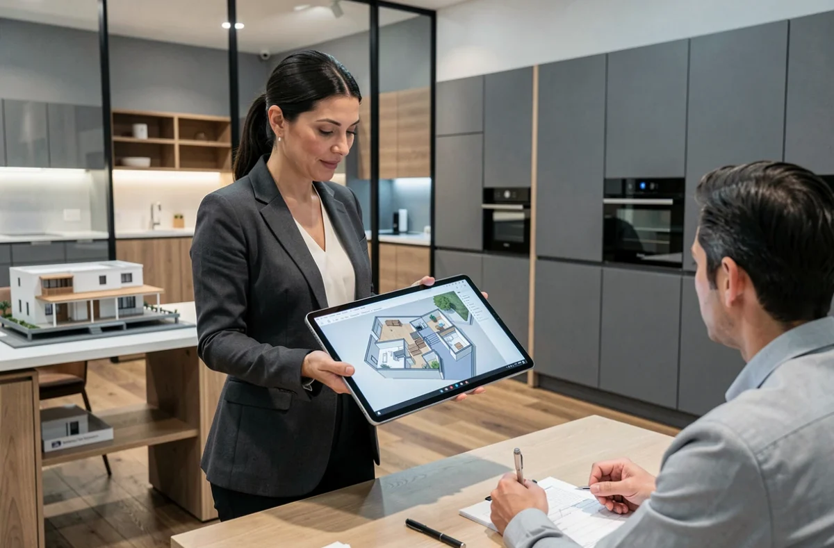 Designer cuisiniste présentant un aménagement de cuisine sur tablette à des clients dans un showroom moderne
