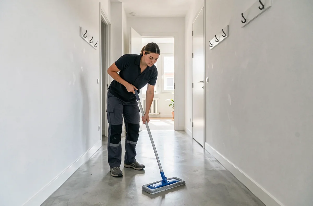 Prestataire Wecasa effectuant le nettoyage d'un couloir d'appartement à Marseille